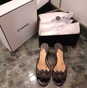 Chanel Black Clover Slides with Kitten Heels Gold CC logo